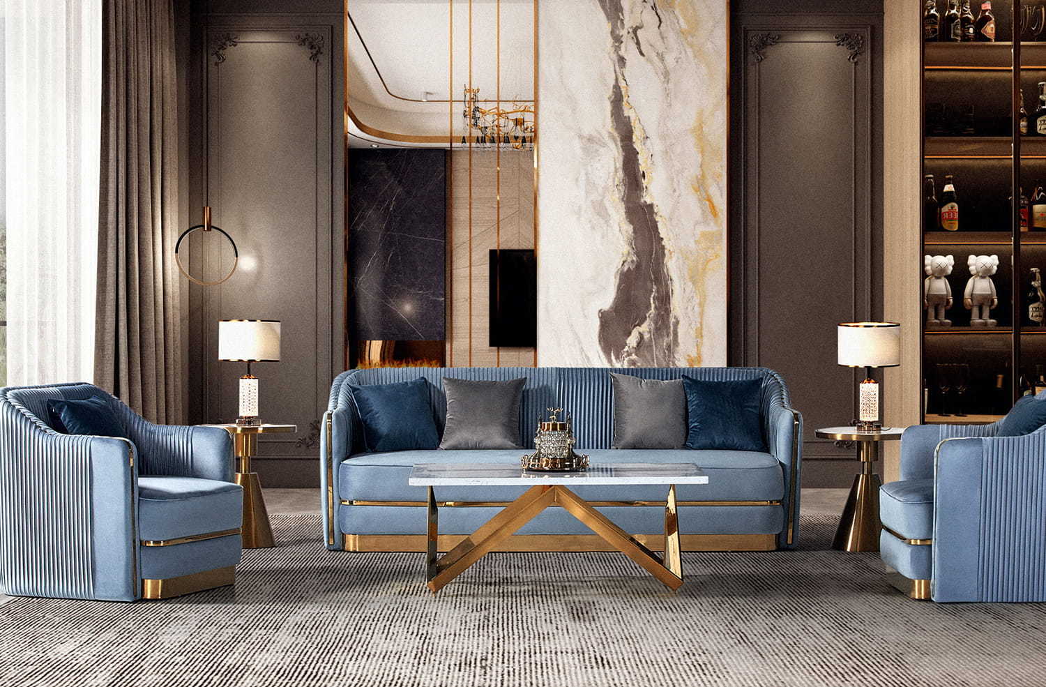 RJC-8221 Modern elegant upholstery stackable blue velvet with metal base living room sofa couches