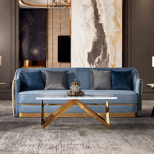 RJC-8221 Modern elegant upholstery stackable blue velvet with metal base living room sofa couches