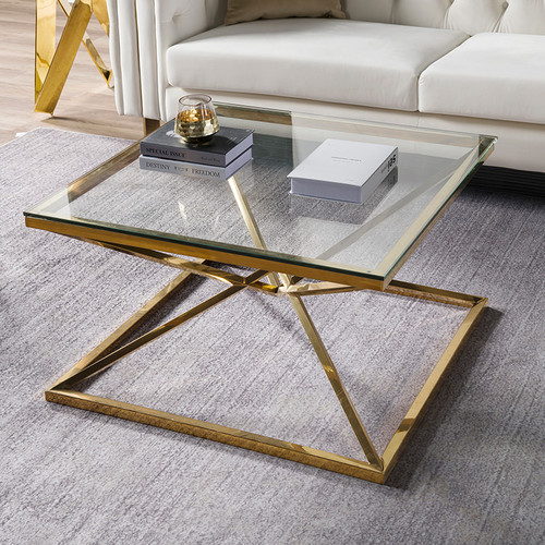 RJT-8318 Modern Living Room Clear Glass Coffee Table With Crossed Design Metal Base 