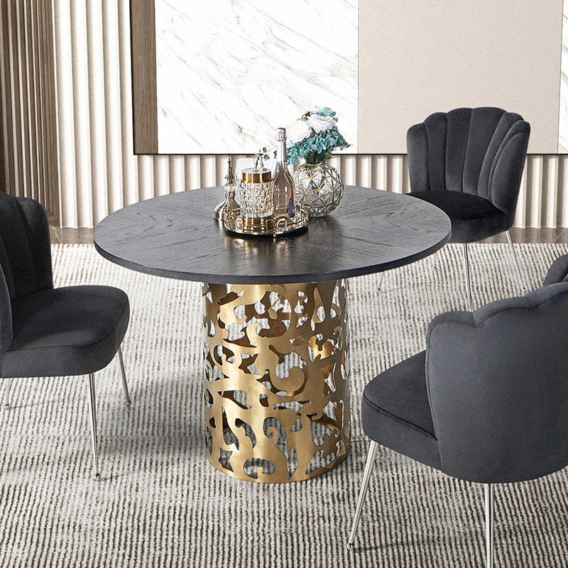 RJH-8510 Round Timber Dining Table With Hollow Design Metal Base