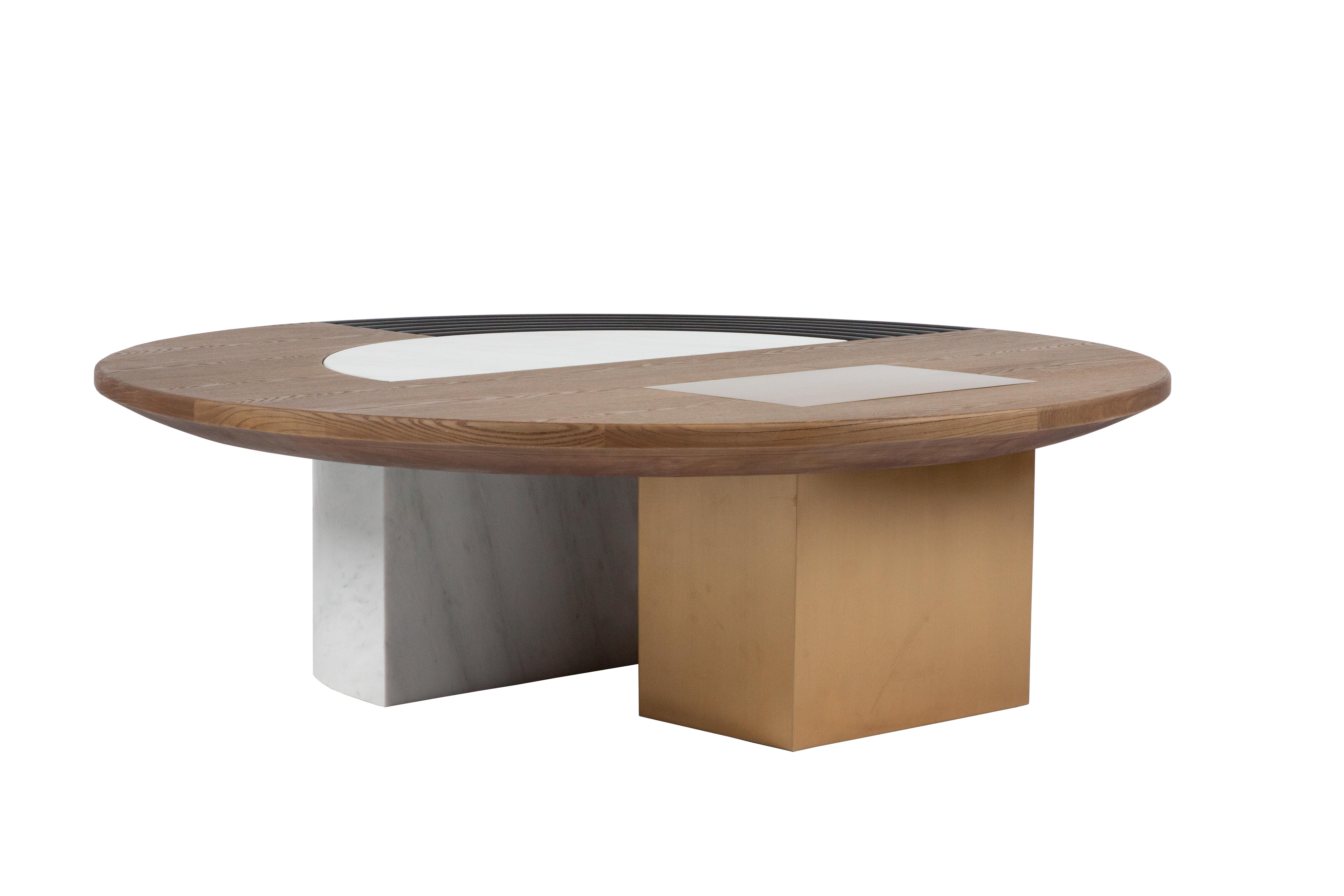 RJT-9708 luxury round oak wood Coffee table with metal base