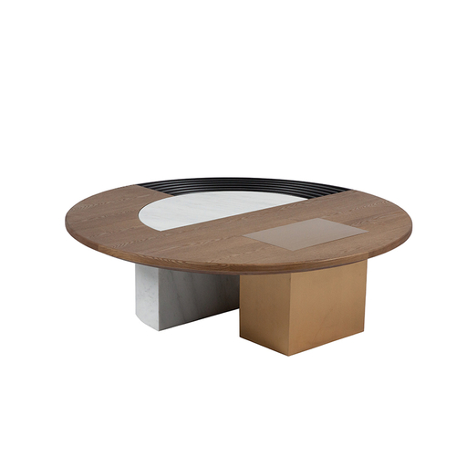 RJT-9708 luxury round oak wood Coffee table with metal base