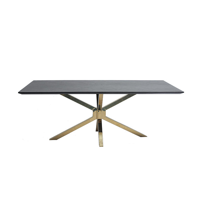 RDT-9228 Rectangle Tempered Oak Wood Restaurant Dining Table With Cross Design Stainless Steel Metal Base