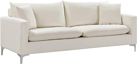 Stainless Modern Velvet Upholstered Sofa with Stainless Steel Base in a Rich Gold or Chrome Finish, 81.5