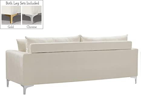 Stainless Modern Velvet Upholstered Sofa with Stainless Steel Base in a Rich Gold or Chrome Finish, 81.5